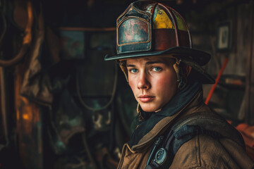 Portrait of firefighter at garage. He came from an intervention.
