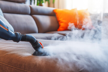 Sofa Steam Cleaner Service, close up. Cleaning service cleans sofa in apartments. - obrazy, fototapety, plakaty