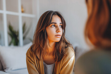 Teen girl talking to therapist. White walls bright home. Mental health in important.