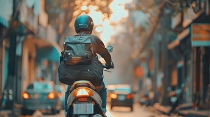 Courier, delivery man on the motorcycles in the street, Fast transport express home delivery online order, food delivery, Blurred imageCourier, delivery man on the motorcycles in the street, Fast tran - obrazy, fototapety, plakaty