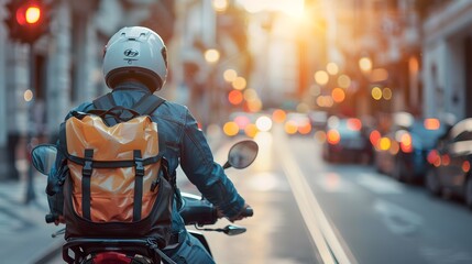 Courier, delivery man on the motorcycles in the street, Fast transport express home delivery online order, food delivery, Blurred imageCourier, delivery man on the motorcycles in the street, Fast tran - obrazy, fototapety, plakaty
