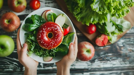 Diet, dieting, happy asian young woman, girl hand push out, deny sweet donut, doughnut on plate, choose red apple and green vegetable salad, eat food for good healthy, female getting weight loss. - obrazy, fototapety, plakaty