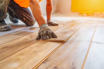 Worker Installing laminate Floor. Worker lays laminate in a new apartment building. - obrazy, fototapety, plakaty
