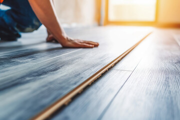 Worker Installing laminate Floor. Worker lays laminate in a new apartment building. - obrazy, fototapety, plakaty