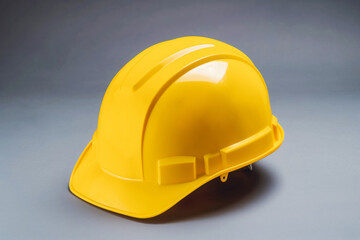 Fototapeta premium Yellow hard hat on grey background. The helmet ensures safety on various construction sites.