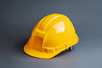 Fototapeta premium Yellow hard hat on grey background. The helmet ensures safety on various construction sites.