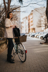 Confident young woman with a bicycle on a city street, exuding urban style and independence.
