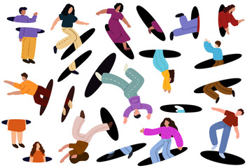 People jumping through portals, teleporting. People coming holes. Characters flying, entrance and exit. Search, explore concept. Flat graphic vector illustration EPS10