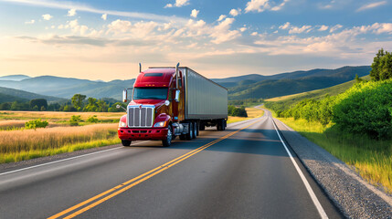 Red truck on highway with mountains in background representing transportation, logistics, travel, and industry.