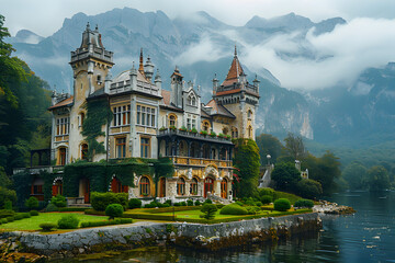 An enchanting castle with grand turrets and a moat, surrounded by lush gardens. - obrazy, fototapety, plakaty