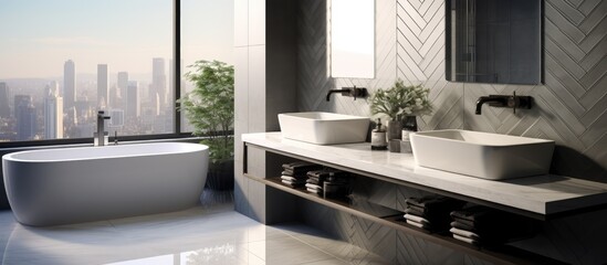 A sleek and modern bathroom featuring two sinks with mirrors, a bathtub, and a tiled herringbone wall. The minimalist design is complemented by a city view of skyscrapers in the reflection.