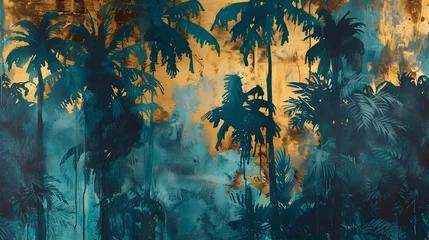Papier Peint photo Mur chinois Golden and dark blue and teal palm trees painting . Great for wall art and home decor. 