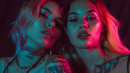 character Closeup portrait of a young beautiful lady neon background for Club and makeup flyer