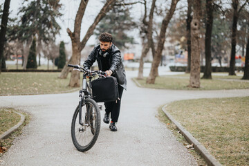 A contemporary business entrepreneur preparing for a ride on his bicycle in an urban park, reviewing items in his messenger bag.