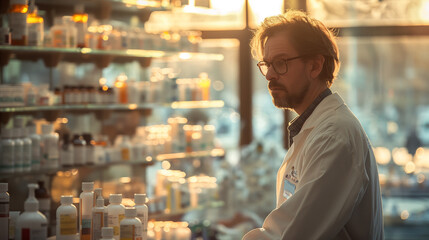 Pharmacy and pharmacist offering medical, drug, and medication advice in a welcoming store environment, focusing on patient health and medication accuracy.