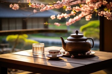 A mug and an earthenware teapot with tea in the garden with cherry blossoms. The tea ceremony
