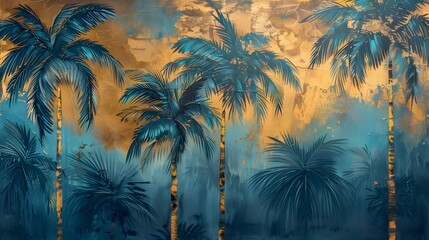 Fototapeta na wymiar Golden and dark blue and teal palm trees painting . Great for wall art and home decor. 