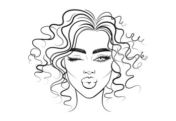Beautiful Girl with Curly Hair Winks and Kiss. Vector Young Woman Illustration. Hand Drawn Face Portrait. - 747624283