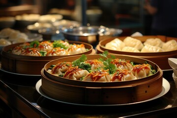 Three steamers filled with dim sum are displayed on the table