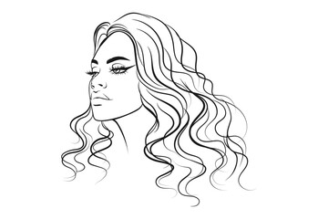 Woman Vector Illustration. Beautiful Girl with Long Wavy Curly Hair and Plump Lips Portrait.