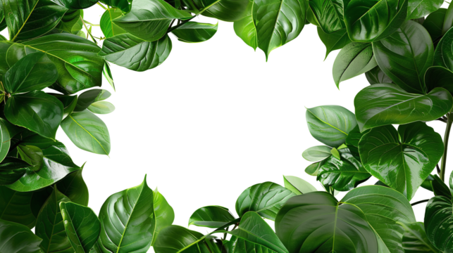 borders with greenery like Philodendron framing an empty text space isolated against transparent
