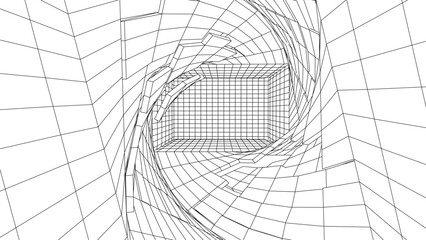 Futuristic damaged digital box, white-black background. Wireframe grid room, network connection technology. Style portal pattern. Vector illustration.