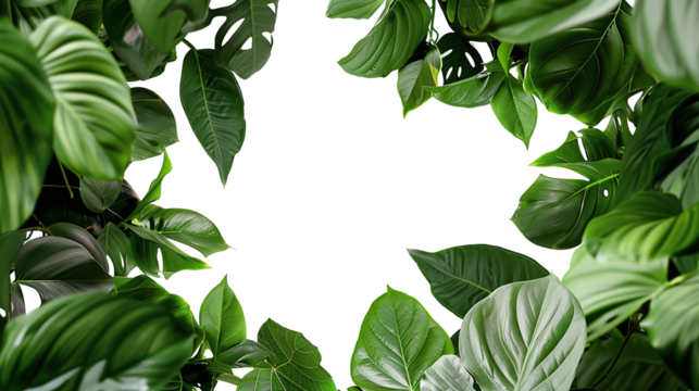 borders with greenery like Philodendron framing an empty text space isolated against transparent
