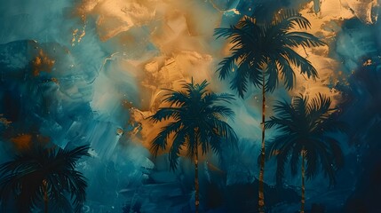 Golden and dark blue and teal palm trees painting . Great for wall art and home decor.
 - Powered by Adobe
