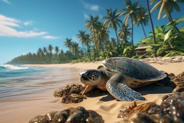 Turtle on sunny tropical beach with light sand clear water and palm tree. Travel concept.