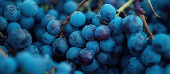 A close-up view showcasing a bunch of unwashed blue grapes, harvested in dusty conditions, revealing their vibrant blue color.