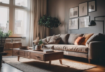 Cozy living room with modern sofa retro table plant and pictures on the wall