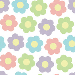 Retro pastel mod flowers white pattern