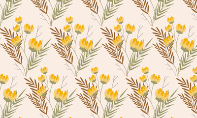 Seamless spring pattern with gentle yellow flowers green leaves. Vector floral colorful pattern on beige background	
