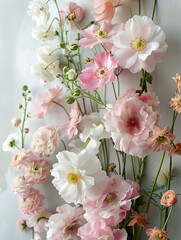 A lush collection of pink and white flowers artistically arranged on a bright white backdrop with beautiful lighting, pastel colors, aesthetic design