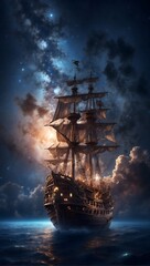 Fototapeta premium Celestial Voyage: A Ship Sailing the Starry Seas of the Night Sky