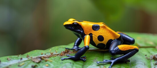 A vibrant yellow and black golden dart frog calmly rests on top of a lush green leaf.