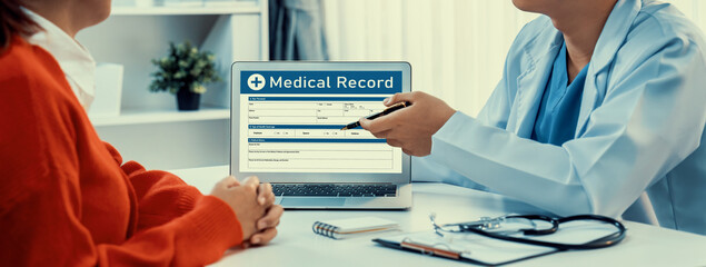 Laptop display medical report or diagnostic result of patient health on blurred background of...