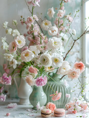 Exquisite display of varied flowers in pastel hues combined with delicate macarons, evoking elegance and sophistication