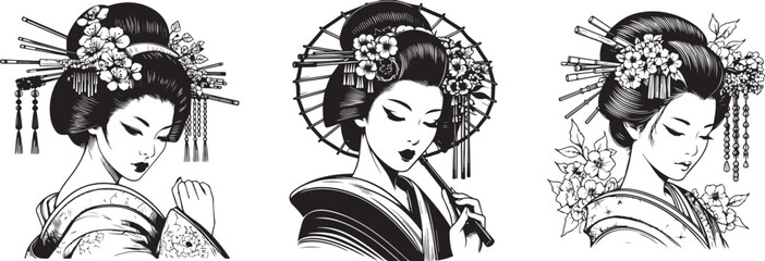 beautiful japanese woman, geisha black and white vector
