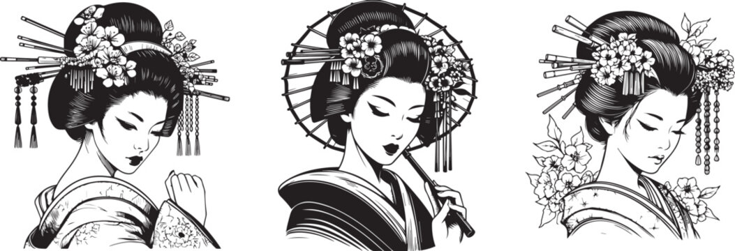 beautiful japanese woman, geisha black and white vector