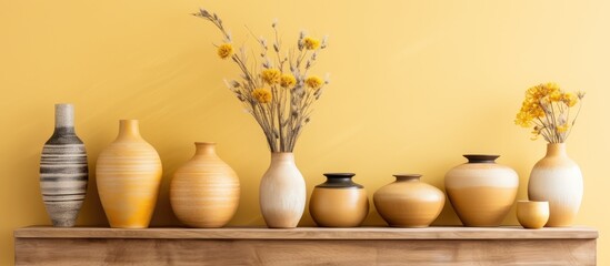 Fototapeta na wymiar A collection of various vases and bowls in neutral colors are neatly arranged on a rough wooden shelf against a yellow background.