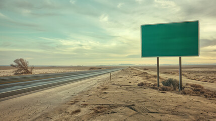 Blank green interstate road sign mockup beside a empty two way highway in desert with blue sky background with empty copy space for text - Powered by Adobe