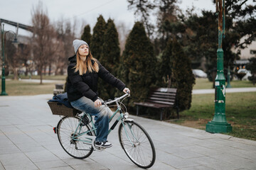 Casual young woman cycling in a park with a vintage bicycle, clad in winter attire, conveying a sense of freedom and active lifestyle.