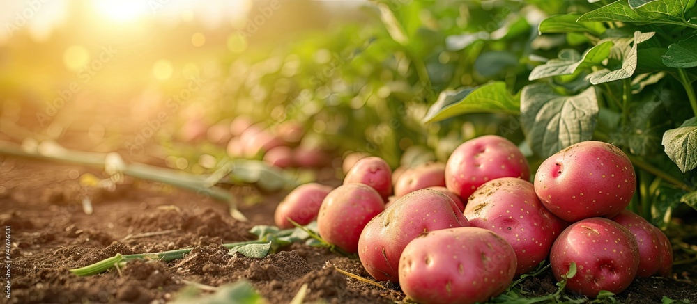 Wall mural A group of red potatoes, freshly harvested and organic, sitting in the middle of a rural field.