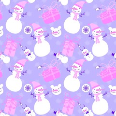 Cartoon winter ice seamless snowman and snowflakes pattern for Christmas packaging and new year