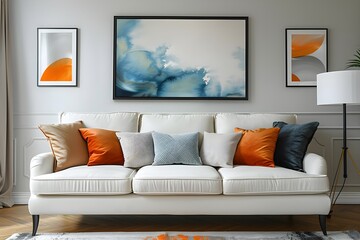 This is a unique and stylish interior with the cushions on the sofa and the pictures in the frames expressed in strong colors.