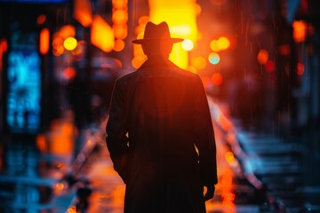 Silhouetted detective figure wearing a fedora hat, standing against a backdrop of vibrant city lights and rain - obrazy, fototapety, plakaty