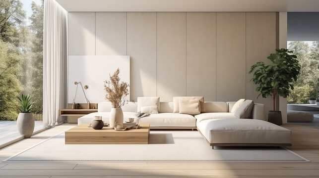Nowoczesny jasny salon w bieli z przeszklonymi oknami i światłem. Styl industrialny. Wystr&oacute;j wnętrza, wysoki sufit i antresola z widokiem na ogr&oacute;d. Render 3d