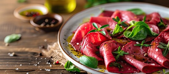 This photo depicts a close-up view of a plate featuring a delicious serving of roast beef carpaccio.