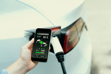 Hand insert EV charger plug into electric vehicle to recharge EV car, battery status display on...